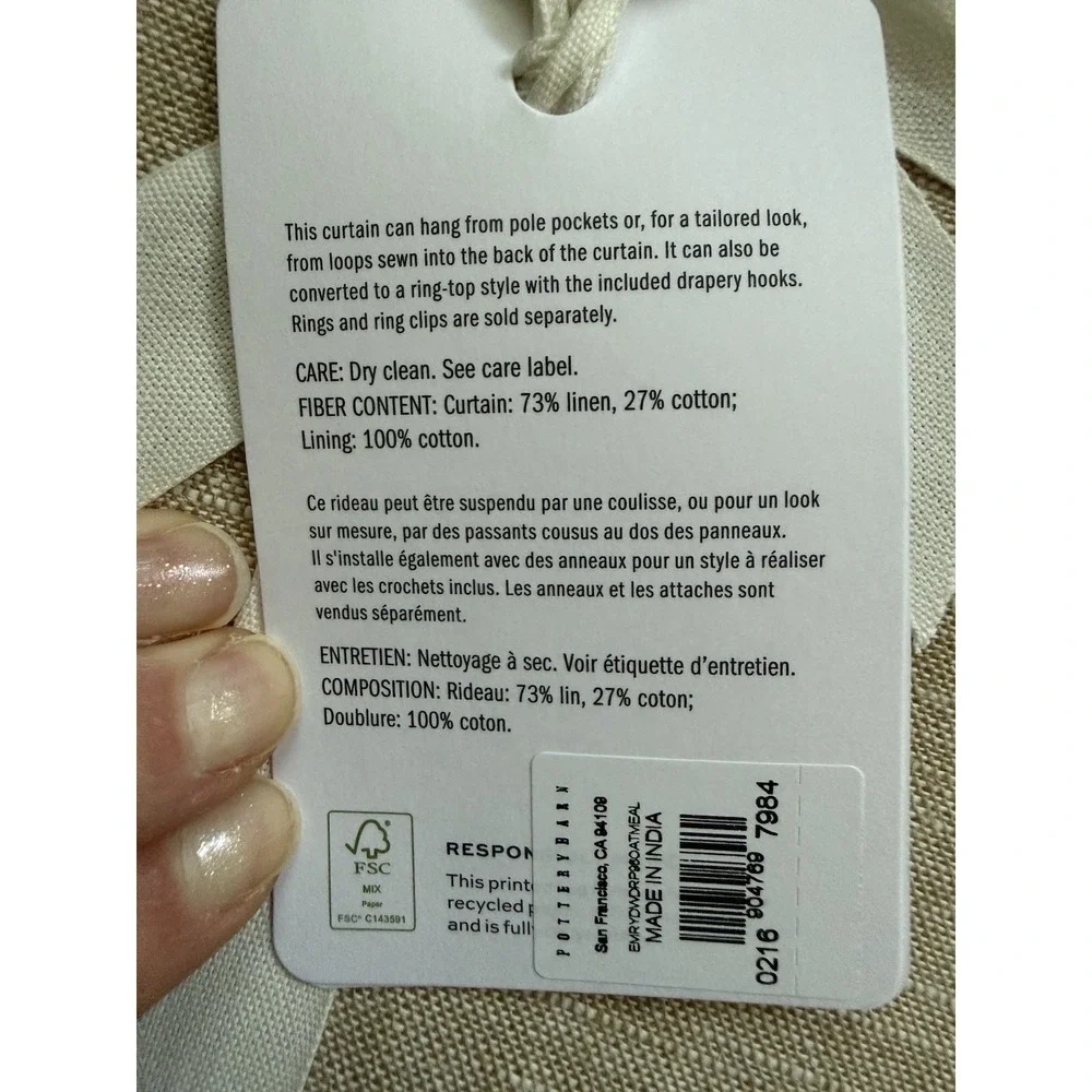 1 Pottery Barn Emery Linen Curtain Panel 100